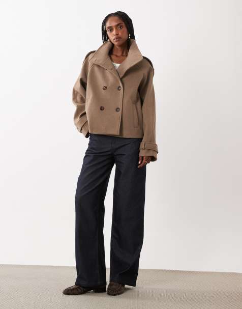 Threadbare funnel neck faux wool short jacket in tan - view 1