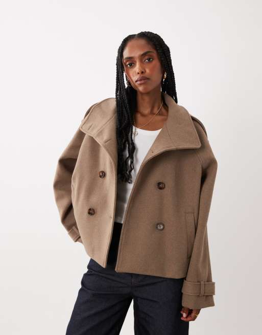 Threadbare funnel neck faux wool short jacket in tan, 2 of 4