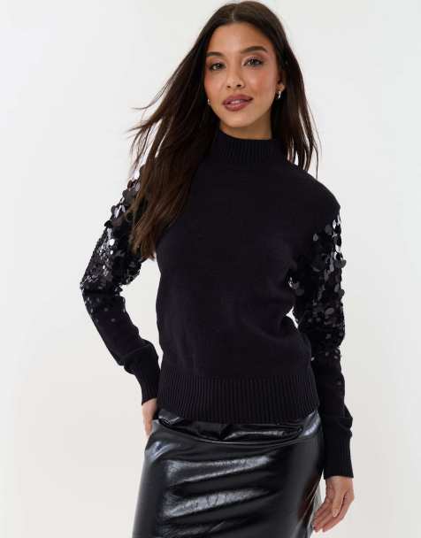Threadbare Funnel neck jumper with sequin sleeves in black - view 1