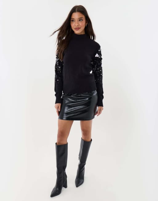 Threadbare Funnel neck jumper with sequin sleeves in black, 3 of 5