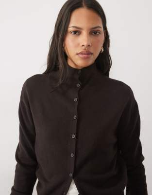 Threadbare Funnel Neck Knitted Cardigan In Brown