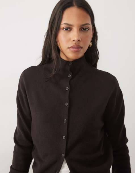Threadbare funnel neck knitted cardigan in chocolate brown - view 1
