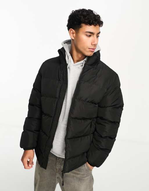 Threadbare funnel neck puffer jacket in black | ASOS