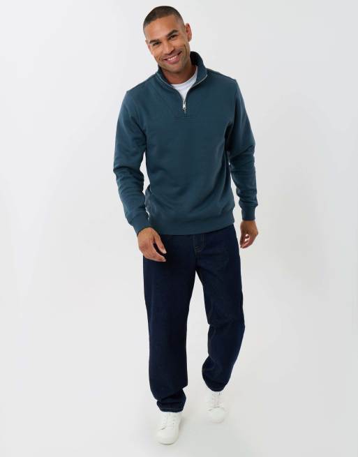 Threadbare Funnel neck quarter zip sweatshirt in teal green, 4 of 4
