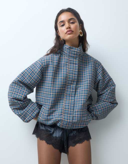 Threadbare funnel neck rain jacket with elasticated hem in brown and blue check, 4 of 5