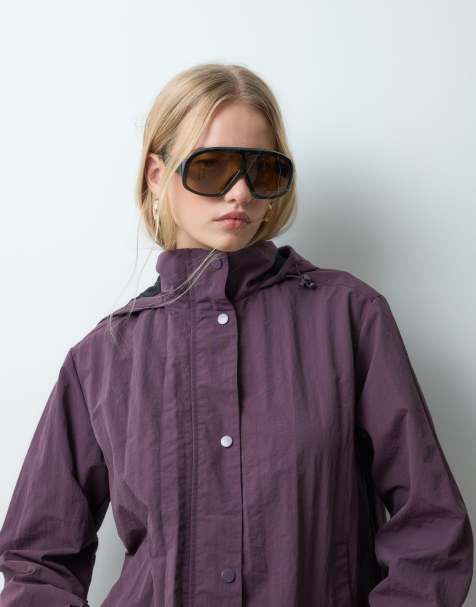 Threadbare funnel neck rain jacket with elasticated hem in plum - view 1