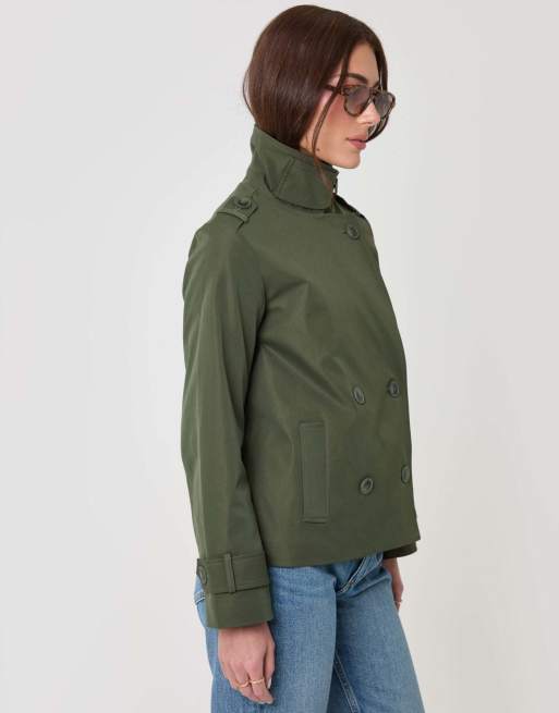 Threadbare Funnel neck short trench coat in khaki, 2 of 5