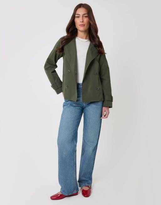 Threadbare Funnel neck short trench coat in khaki, 3 of 5