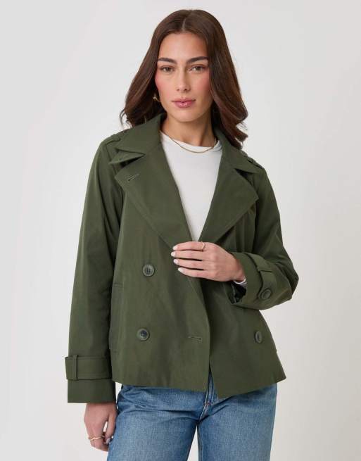 Threadbare Funnel neck short trench coat in khaki, 4 of 5