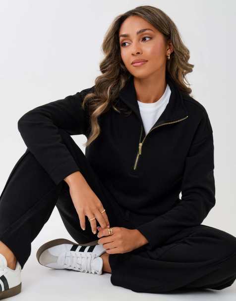 Threadbare Funnel neck wide leg sweat set in black - view 1