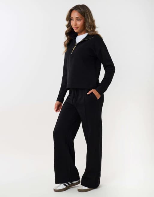 Threadbare Funnel neck wide leg sweat set in black, 3 of 4