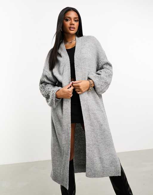 Threadbare - Garnet - Gebreid vest met kabels en lange pasvorm in grijs