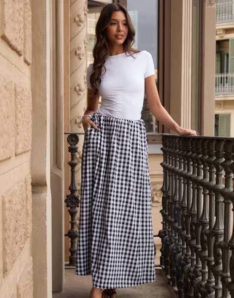 Threadbare Gathered waist gingham maxi skirt in black