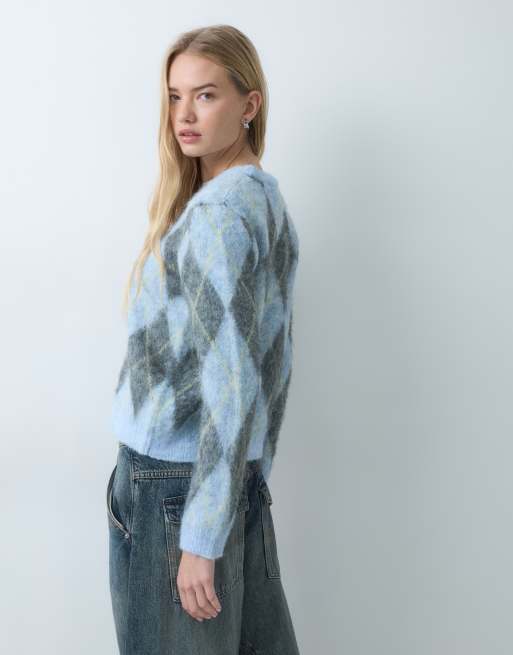 Threadbare geborstelde trui met ronde hals, argylepatroon in blauw en grijs, 2 van 5