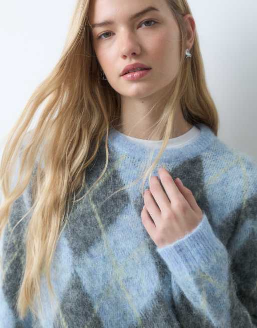 Threadbare geborstelde trui met ronde hals, argylepatroon in blauw en grijs, 3 van 5
