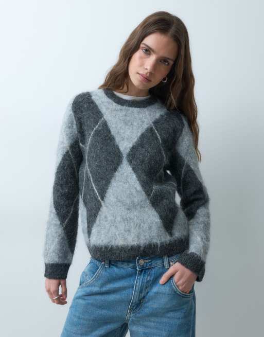 Threadbare geborstelde trui met ronde hals en argylemotief in antracietgrijs, 2 van 5
