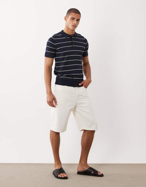 Threadbare - Gebreid poloshirt met korte mouwen en krijtstreep in marineblauw en ecru, 2 van 5