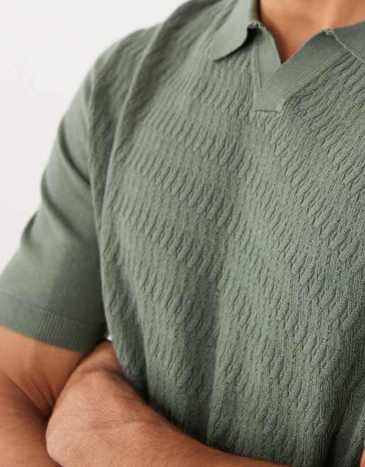Threadbare - Gebreid poloshirt met korte mouwen in gemêleerd donkergroen, 5 van 5