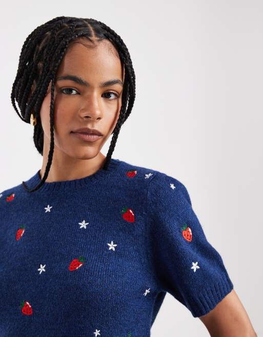 Threadbare - Gebreid T-shirt met geborduurde aardbeien in marineblauw, 3 van 4
