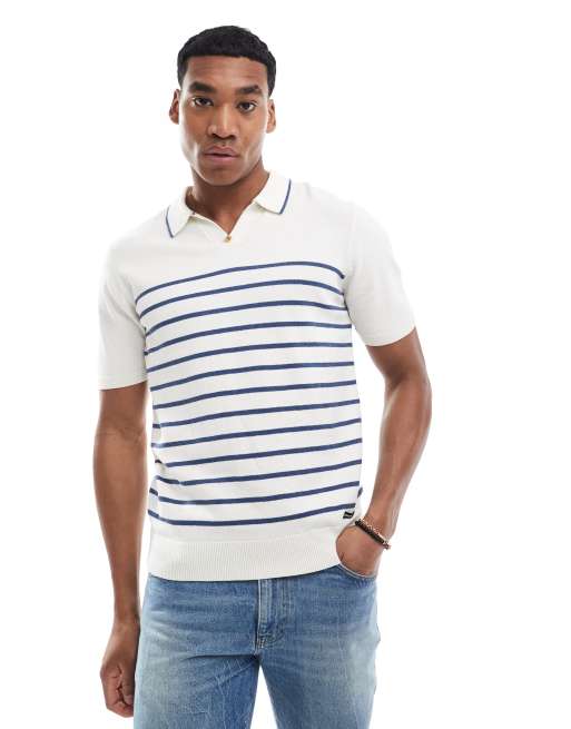 Threadbare - Gebreide gestreepte polo met kraagje in ecru en blauw