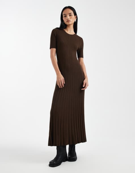 Threadbare - Gebreide maxi jurk met korte mouwen in chocoladebruin - view 1