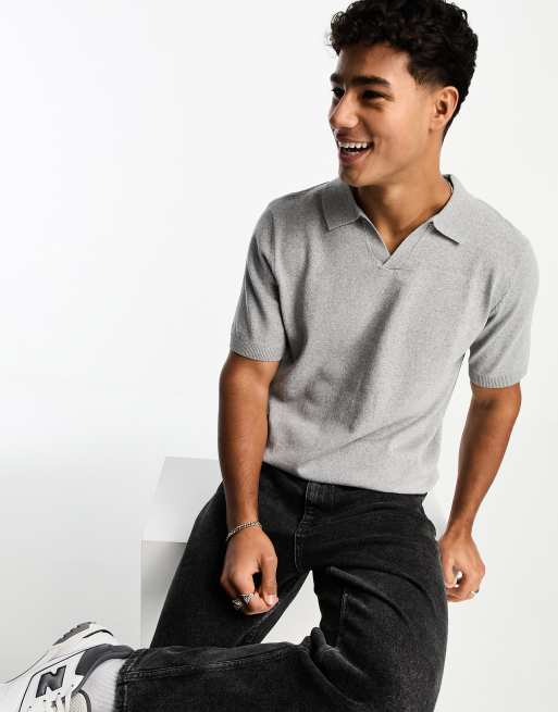 Threadbare - Gebreide polo met kraagje in grijs