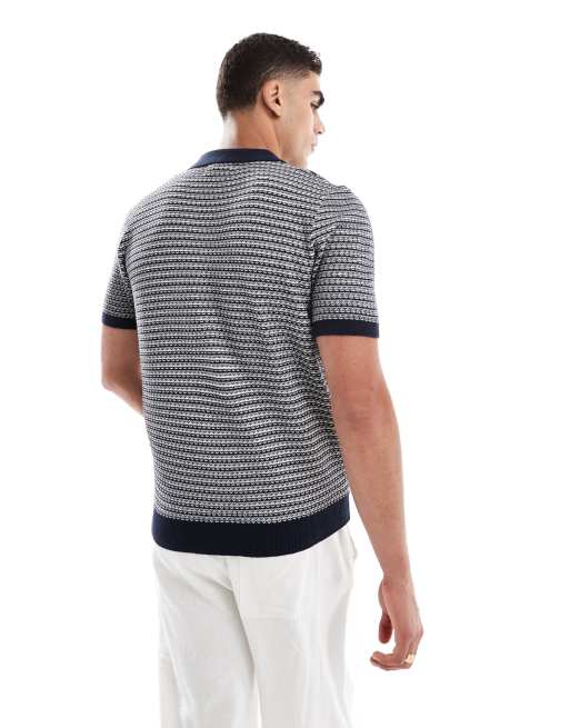 Threadbare - Gebreide polo met textuur van katoenrijke stof in marineblauw en ecru, 2 van 4