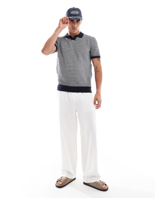 Threadbare - Gebreide polo met textuur van katoenrijke stof in marineblauw en ecru, 3 van 4
