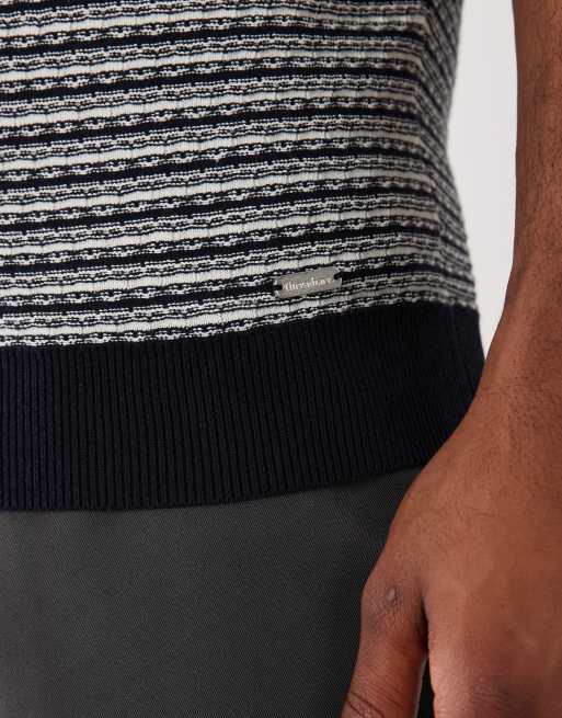 Threadbare - Gebreide polo met textuur van katoenrijke stof in marineblauw en ecru, 3 van 5