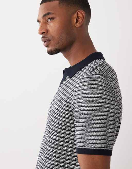 Threadbare - Gebreide polo met textuur van katoenrijke stof in marineblauw en ecru, 4 van 5