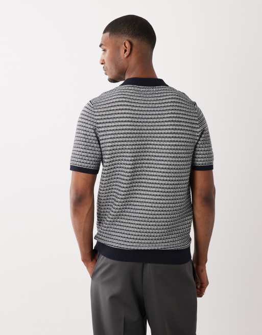 Threadbare - Gebreide polo met textuur van katoenrijke stof in marineblauw en ecru, 5 van 5