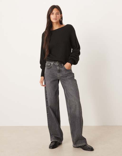 Threadbare - Gebreide trui met boothals en ballonmouwen in zwart, 2 van 4