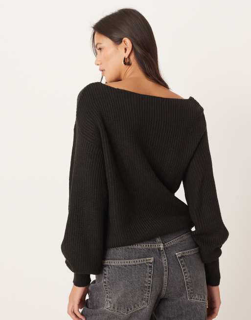 Threadbare - Gebreide trui met boothals en ballonmouwen in zwart, 3 van 4