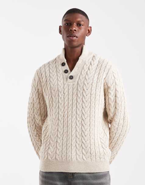 Threadbare - Gebreide trui met opstaande boord in taupe en stone - view 1