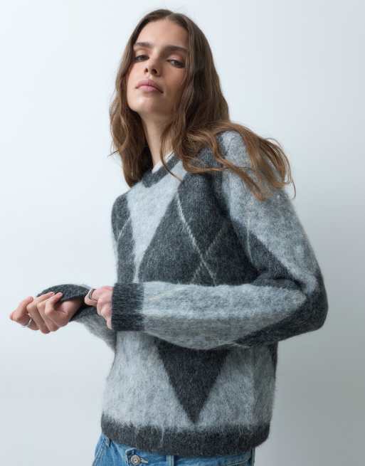 Threadbare gebürsteter Strickpullover mit Rundhalsausschnitt und Argyle-Muster in Anthrazitgrau, 5 von 5