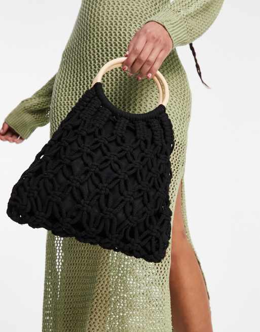 Threadbare Gehaakte tas met rond handvat in zwart ASOS