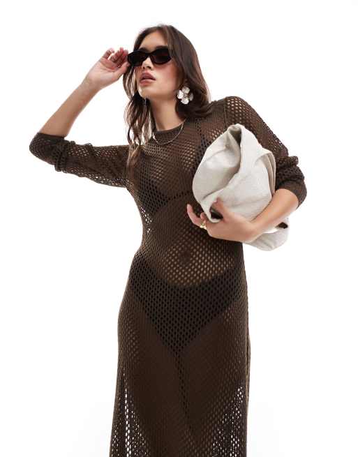 Threadbare – Gehäkeltes Maxi-Strandkleid in Schokobraun