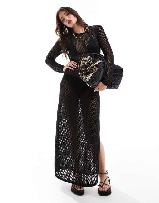 Threadbare – Gehäkeltes Maxi-Strandkleid in Schwarz