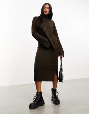 Threadbare Genine knitted midi skirt and roll neck jumper set in chocolate brown - ASOS Price Checker