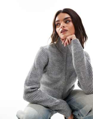 Threadbare - Gerippter Pullover in Grau mit hohem Kragen und durchgehendem Reißverschluss