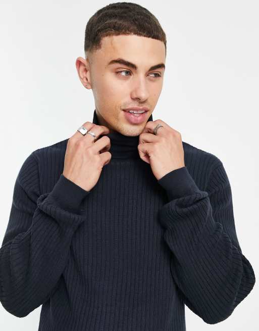 Threadbare – Gerippter Rollkragenpullover aus Baumwolle in Marineblau