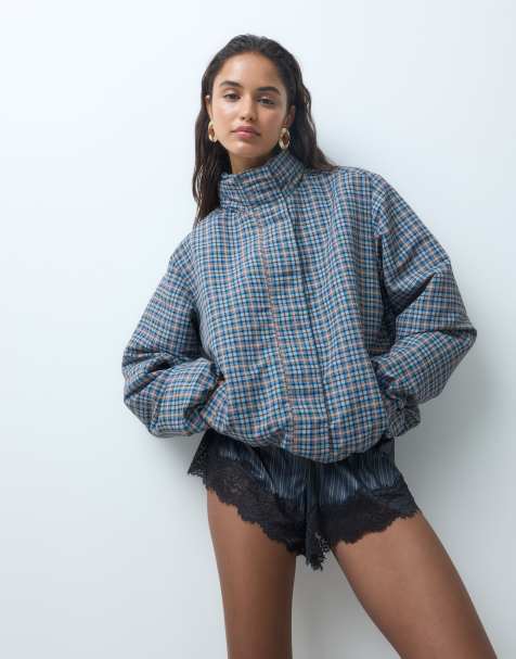 Threadbare - Geruite regenjack met opstaande boord en elastische zoom in bruin en blauw - view 1