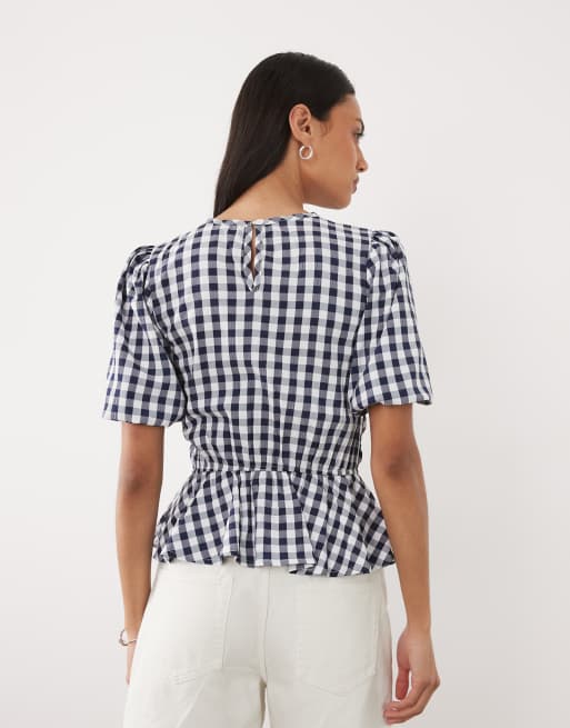 Threadbare - Gesmokte top met textuur, pofmouwen en ginghamruit in marineblauw, 3 van 4