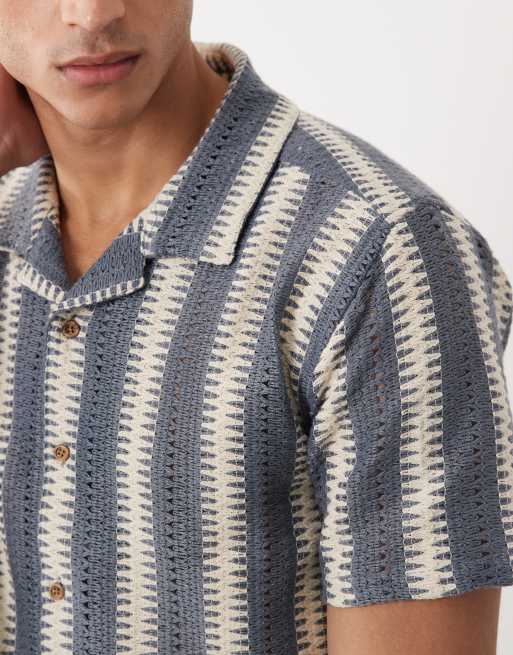 Threadbare - Gestreept overhemd van katoenmix met textuur en korte mouwen in blauw en ecru, 4 van 5