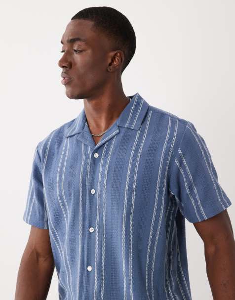 Threadbare - Gestreept overhemd van katoenmix met textuur en korte mouwen in marineblauw en ecru - view 1