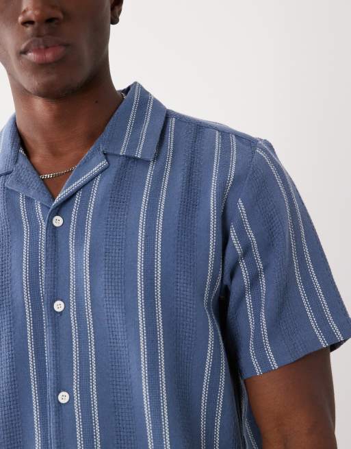 Threadbare - Gestreept overhemd van katoenmix met textuur en korte mouwen in marineblauw en ecru , 3 van 5
