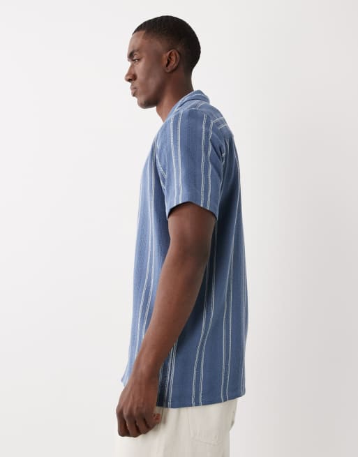 Threadbare - Gestreept overhemd van katoenmix met textuur en korte mouwen in marineblauw en ecru , 4 van 5