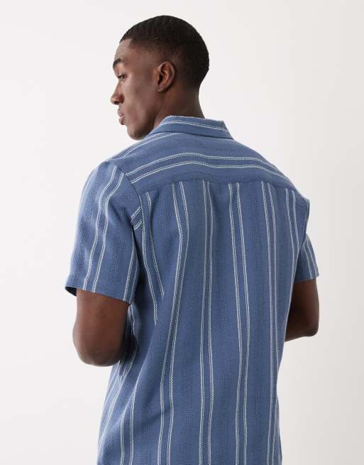 Threadbare - Gestreept overhemd van katoenmix met textuur en korte mouwen in marineblauw en ecru , 5 van 5