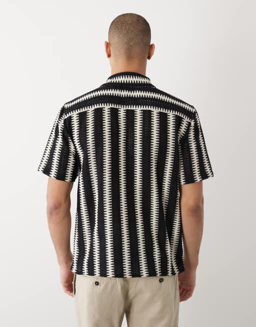 Threadbare - Gestreept overhemd van katoenmix met textuur en korte mouwen in zwart en ecru, 5 van 5