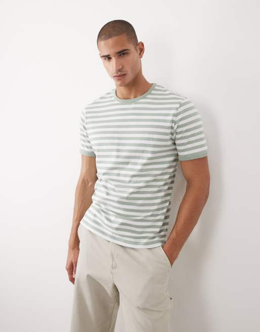 Threadbare - Gestreept T-shirt met ronde hals en gekleurde randjes in saliegroen en wit, 2 van 5